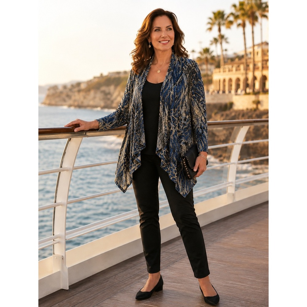 Chico's Blue Gold Animal Print‎ Travelers Style Open Front Cardigan Size 2 L 12